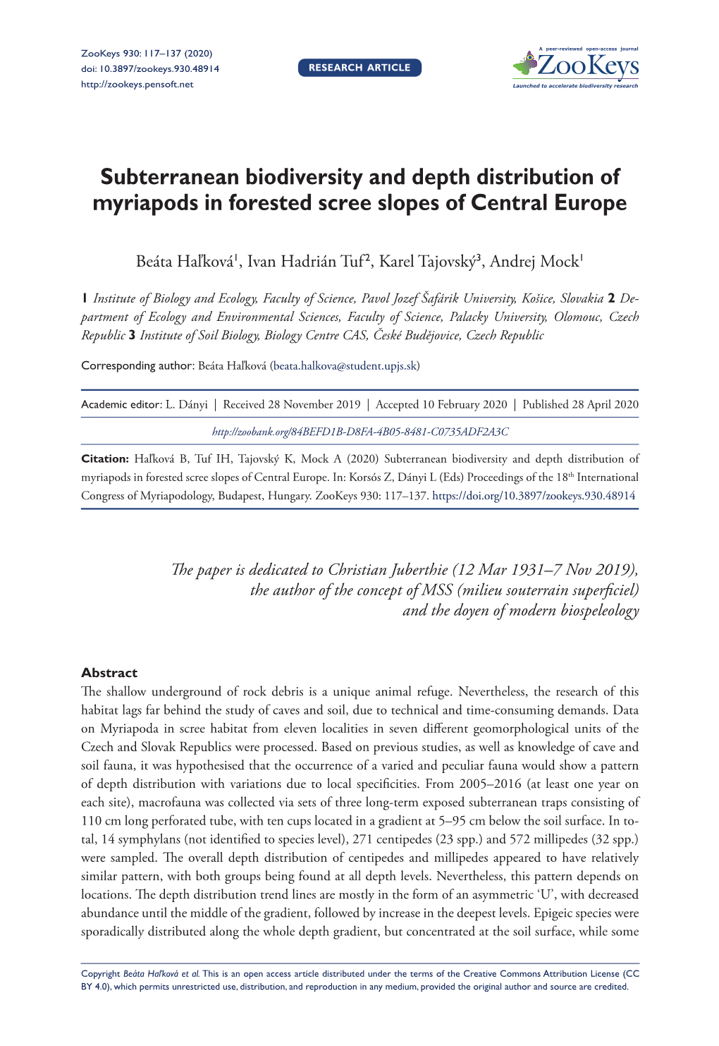 Subterranean Biodiversity and Depth Distribution of Myriapods in Forested Scree Slopes of Central Europe