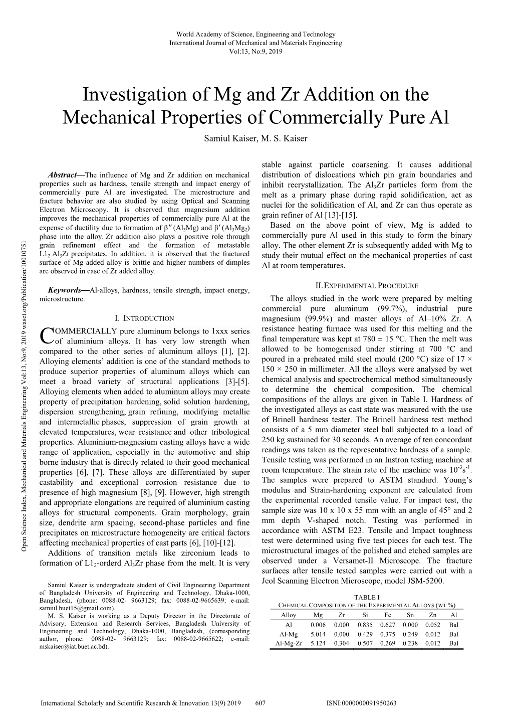 Investigation of Mg and Zr Addition on the Mechanical Properties of Commercially Pure Al Samiul Kaiser, M