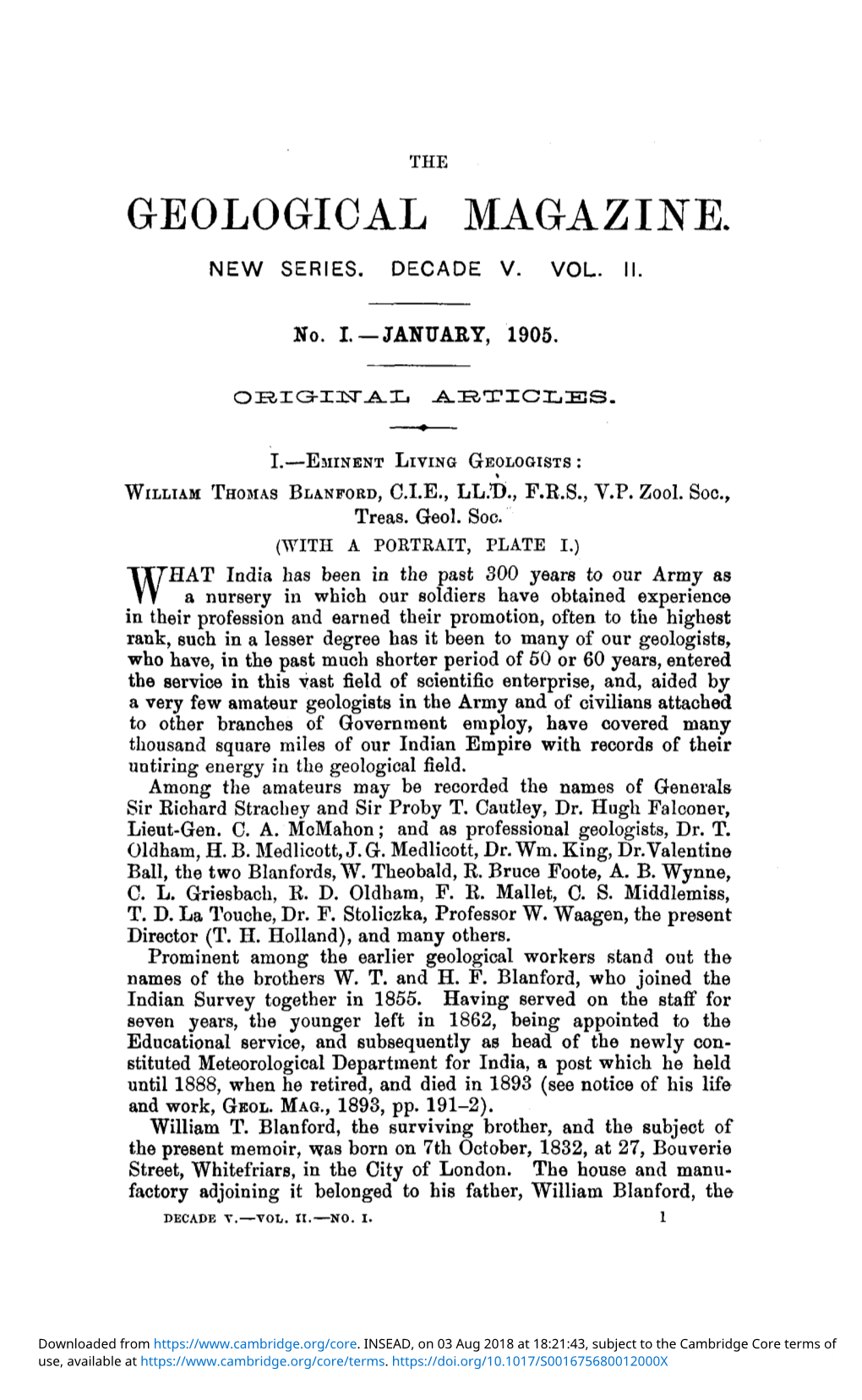 I.—Eminent Living Geologists : William Thomas Blanford, C.I.E., Ll.T)., F.E.S., V.P