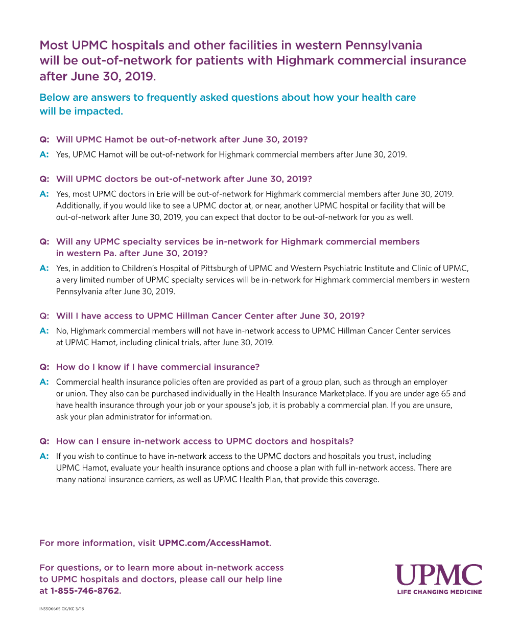 Most UPMC Hospitals and Other Facilities in Western Pennsylvania Will Be Out-Of-Network for Patients with Highmark Commercial Insurance After June 30, 2019