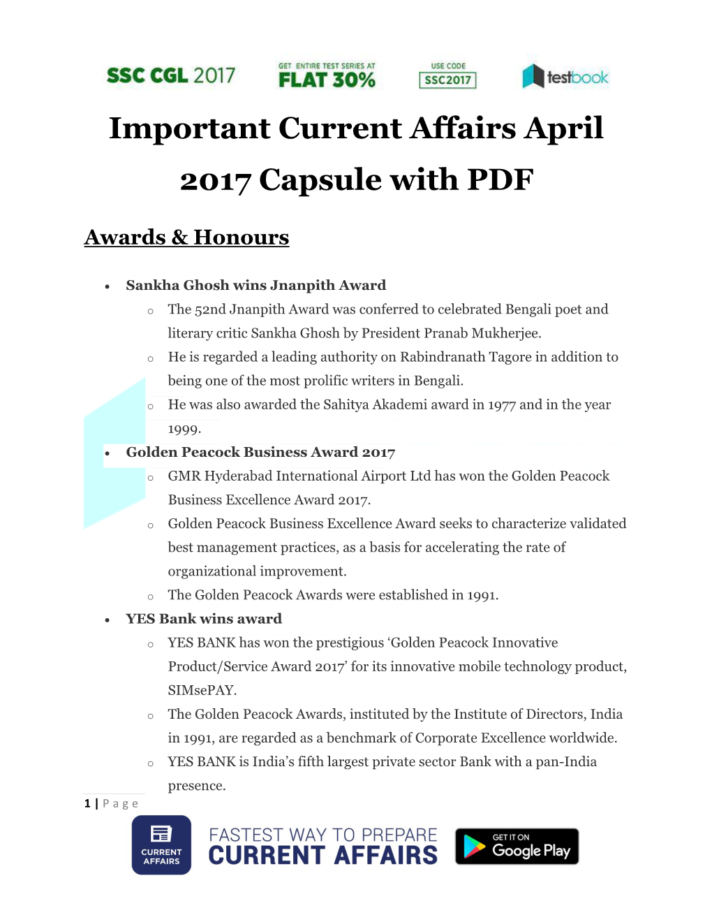 Important Current Affairs April 2017 Capsule with PDF