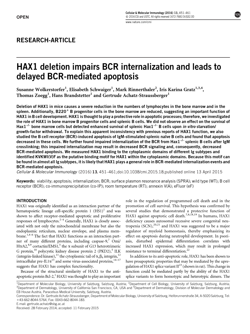 HAX1 Deletion Impairs BCR Internalization and Leads to Delayed BCR-Mediated Apoptosis