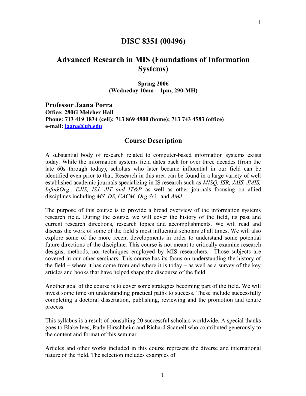 Advanced Research in MIS (Foundations of Information Systems)