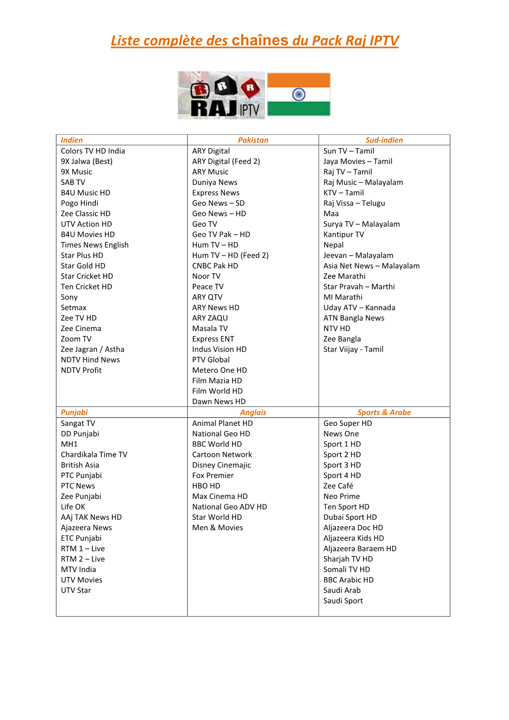 Liste Complète Des Chaînes Du Pack Raj IPTV