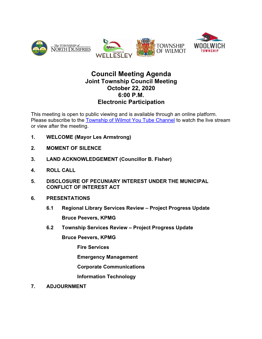 Council Meeting Agenda Joint Township Council Meeting October 22, 2020 6:00 P.M