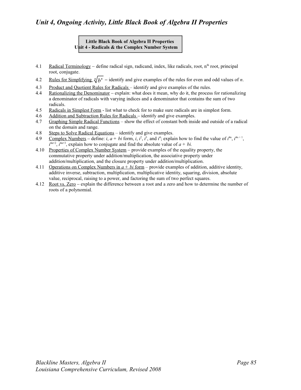 Unit 4, Ongoing Activity, Little Black Book of Algebra II Properties