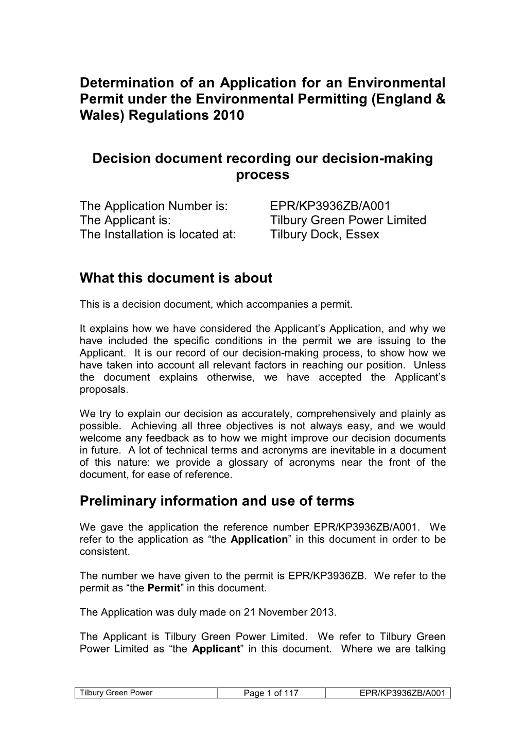 Decision Document: Tilbury Green Power Limited