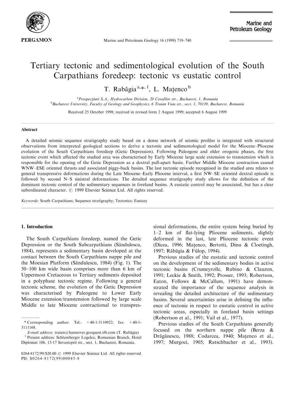 Tertiary Tectonic and Sedimentological Evolution of the South Carpathians Foredeep: Tectonic Vs Eustatic Control