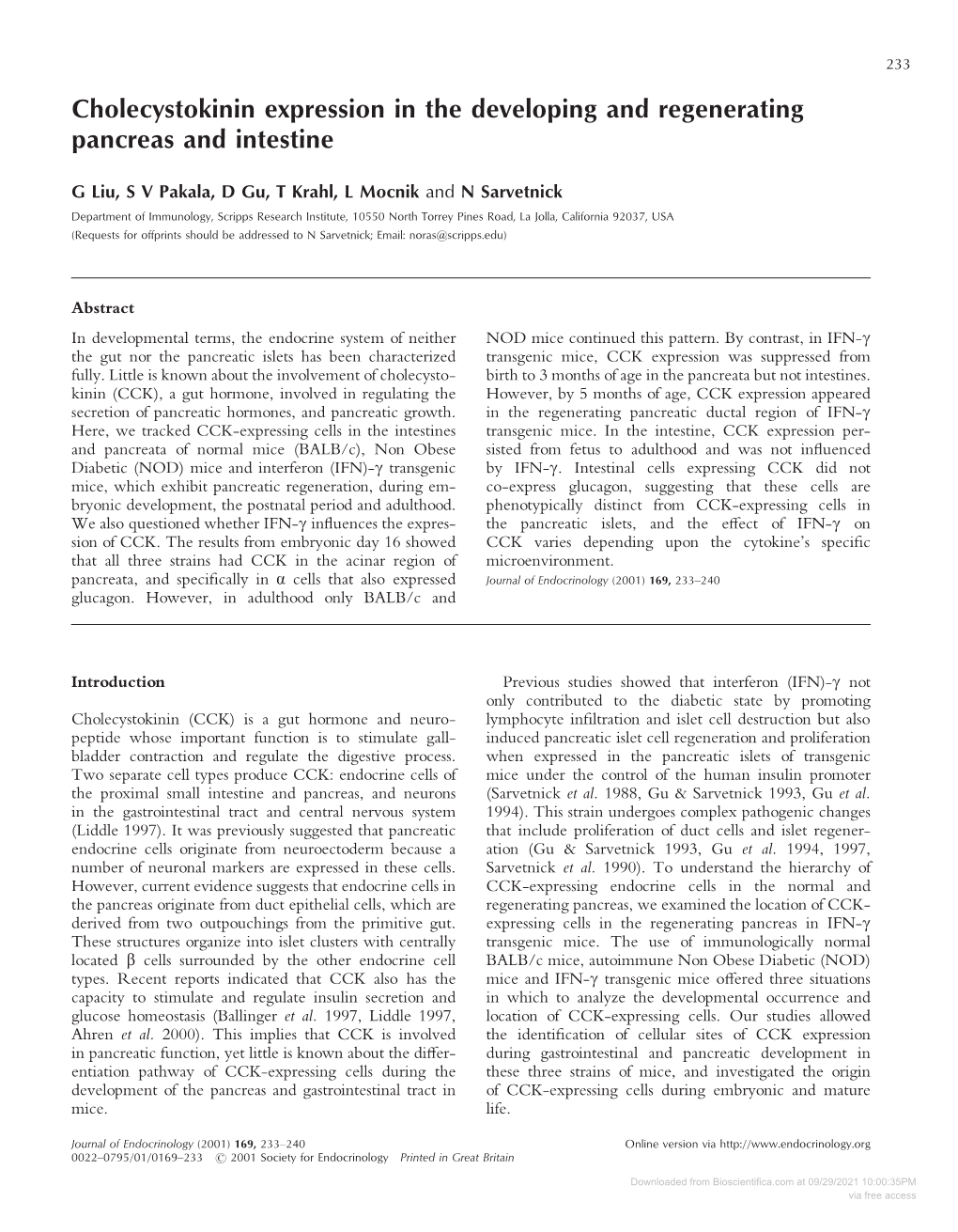 Cholecystokinin Expression in the Developing and Regenerating Pancreas and Intestine