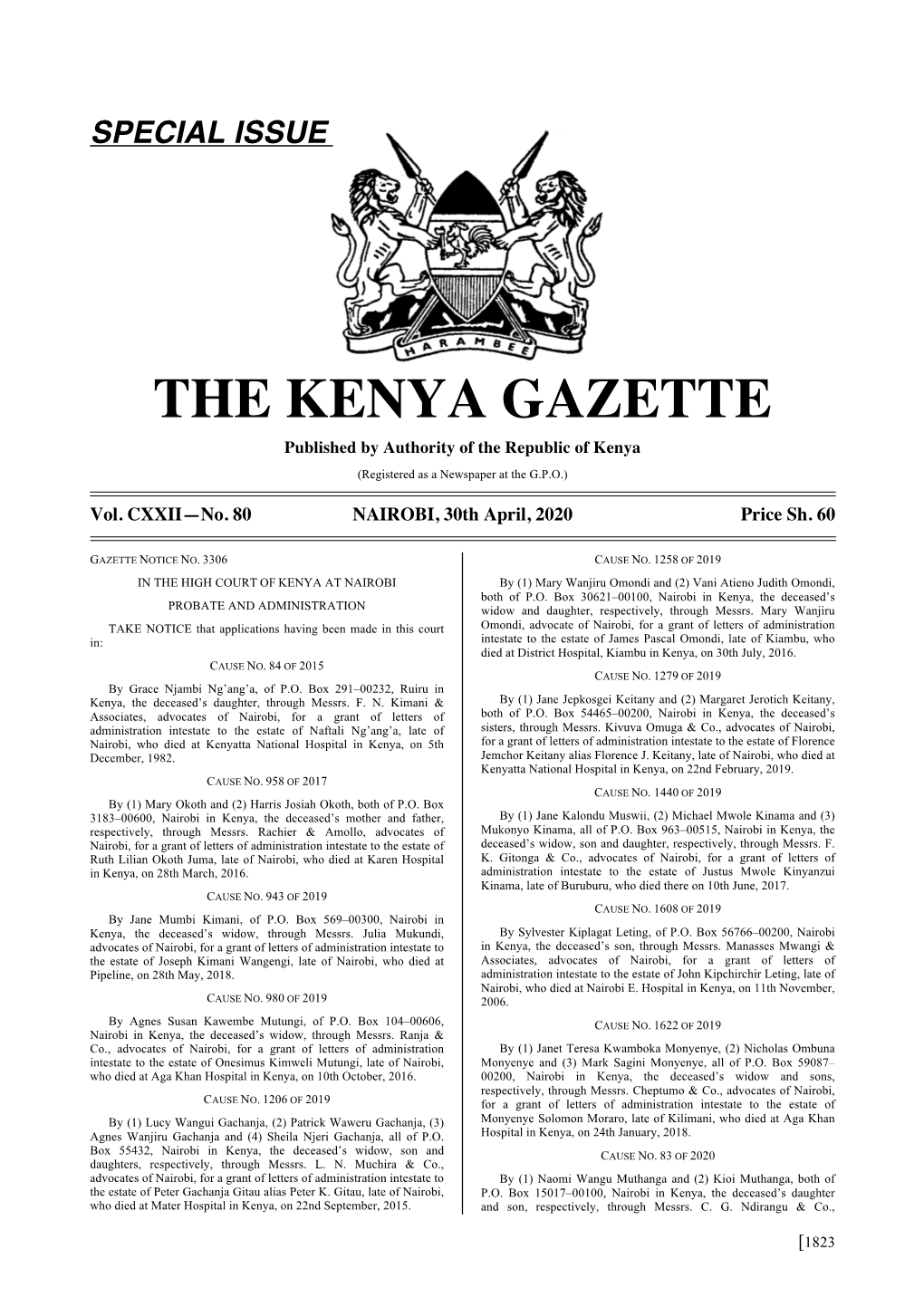 THE KENYA GAZETTE Published by Authority of the Republic of Kenya (Registered As a Newspaper at the G.P.O.)