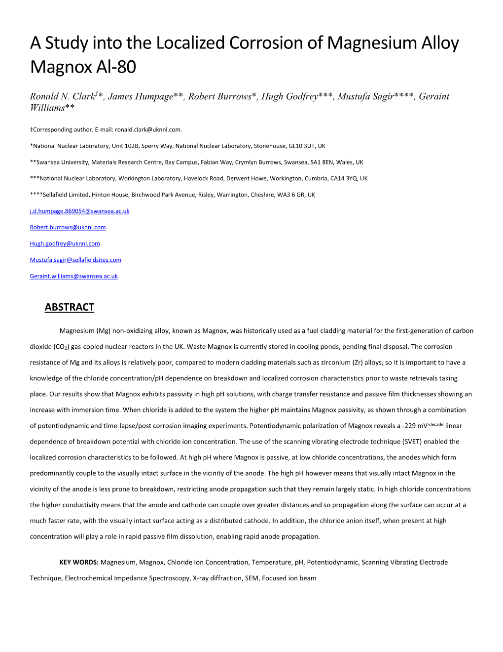 A Study Into the Localized Corrosion of Magnesium Alloy Magnox Al-80