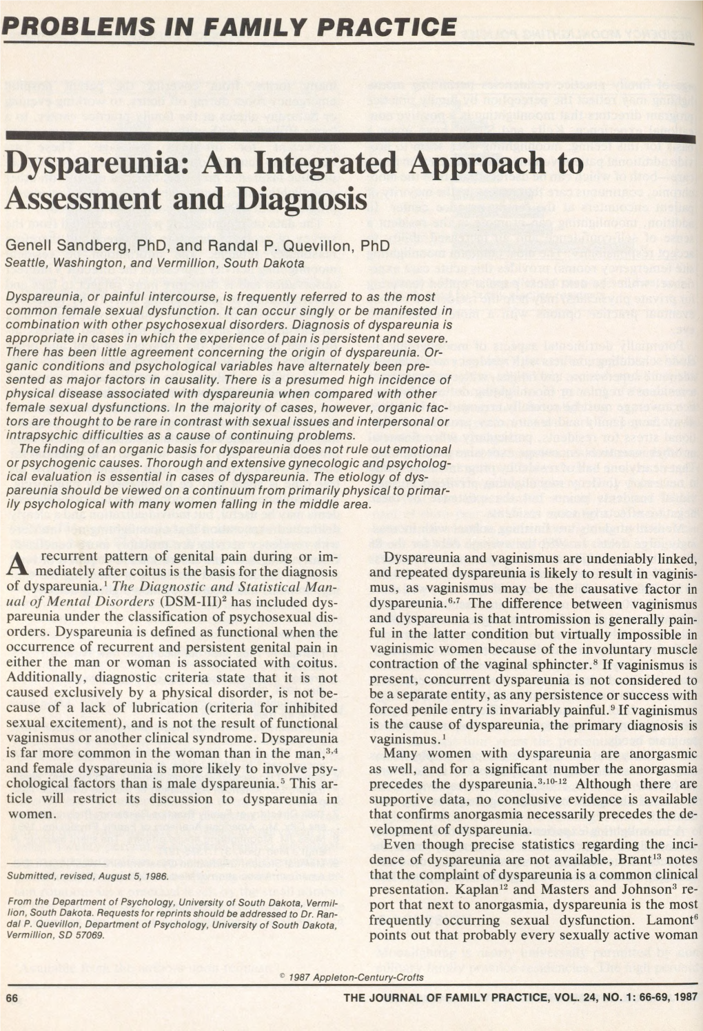 Dyspareunia: an Integrated Approach to Assessment and Diagnosis