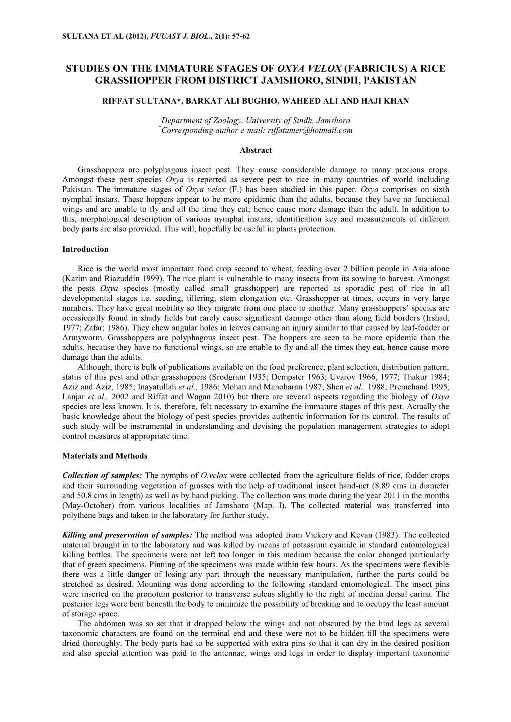 Studies on the Immature Stages of Oxya Velox (Fabricius) a Rice Grasshopper from District Jamshoro, Sindh, Pakistan