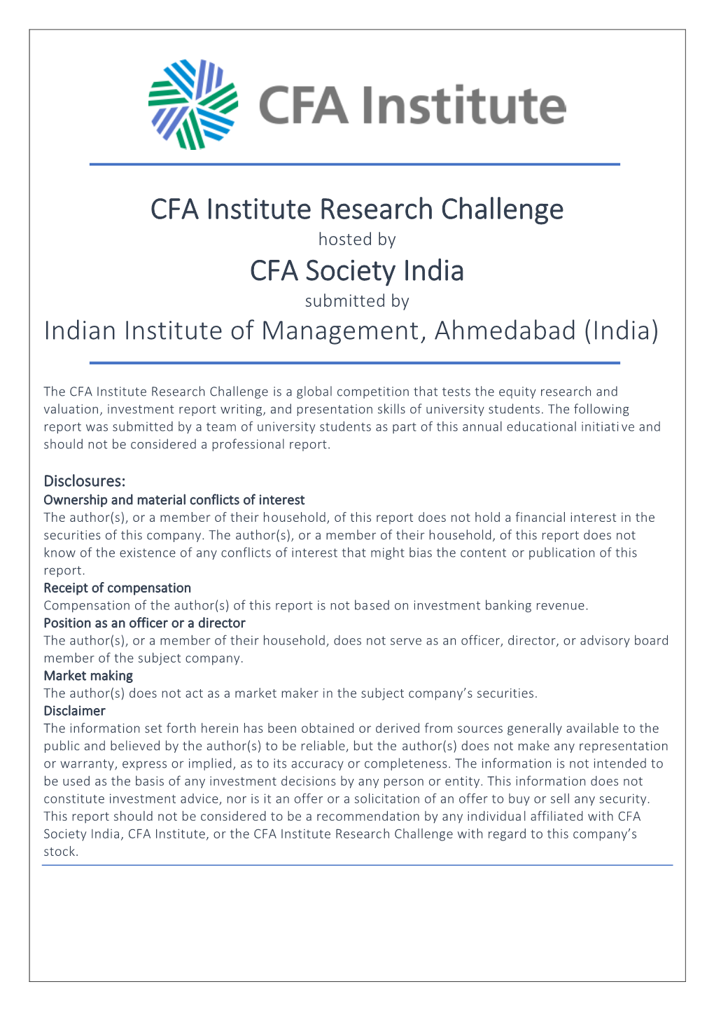 CFA Institute Research Challenge CFA Society India