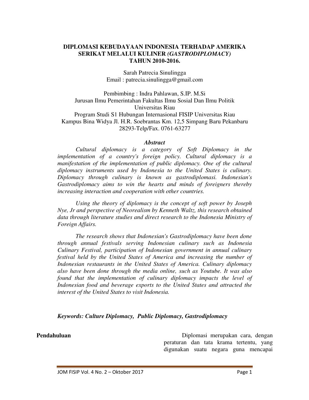 Diplomasi Kebudayaan Indonesia Terhadap Amerika Serikat Melalui Kuliner (Gastrodiplomacy) Tahun 2010-2016