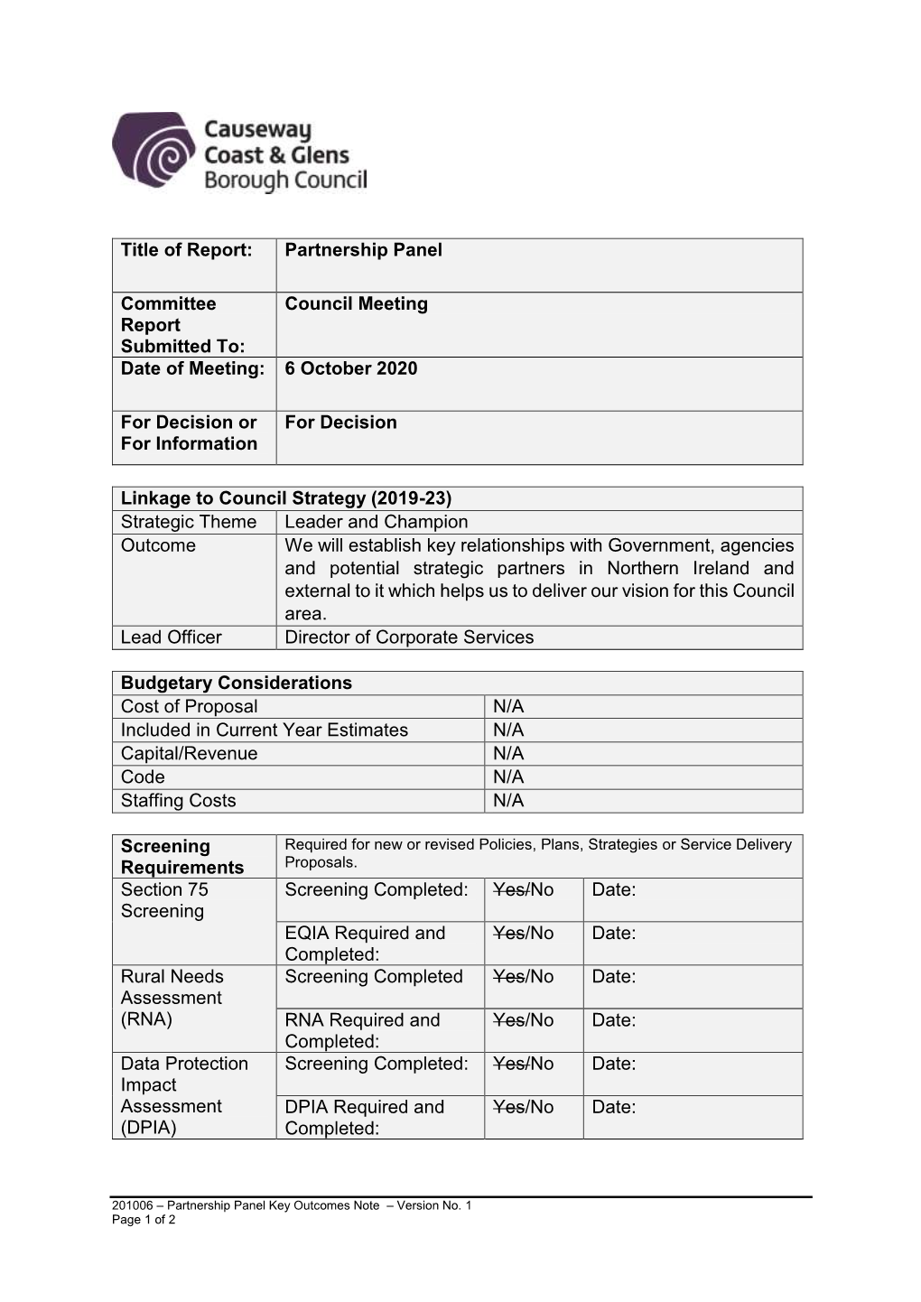 Partnership Panel Committee Report Submitted To: Council Meeting