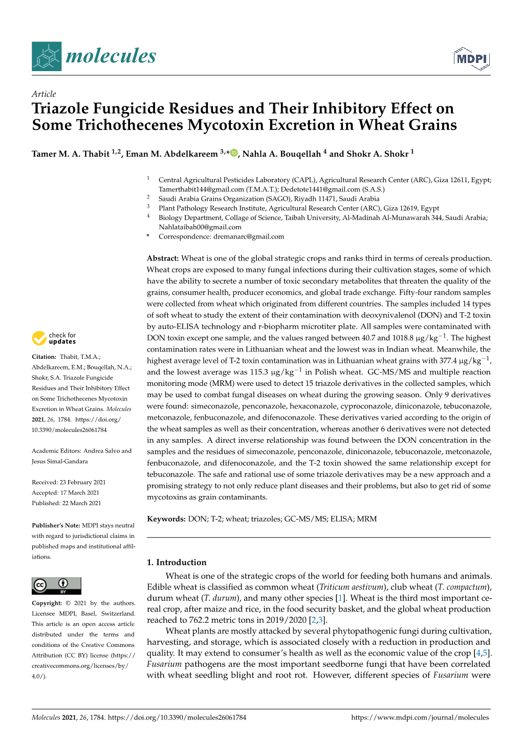 Triazole Fungicide Residues and Their Inhibitory Effect on Some Trichothecenes Mycotoxin Excretion in Wheat Grains