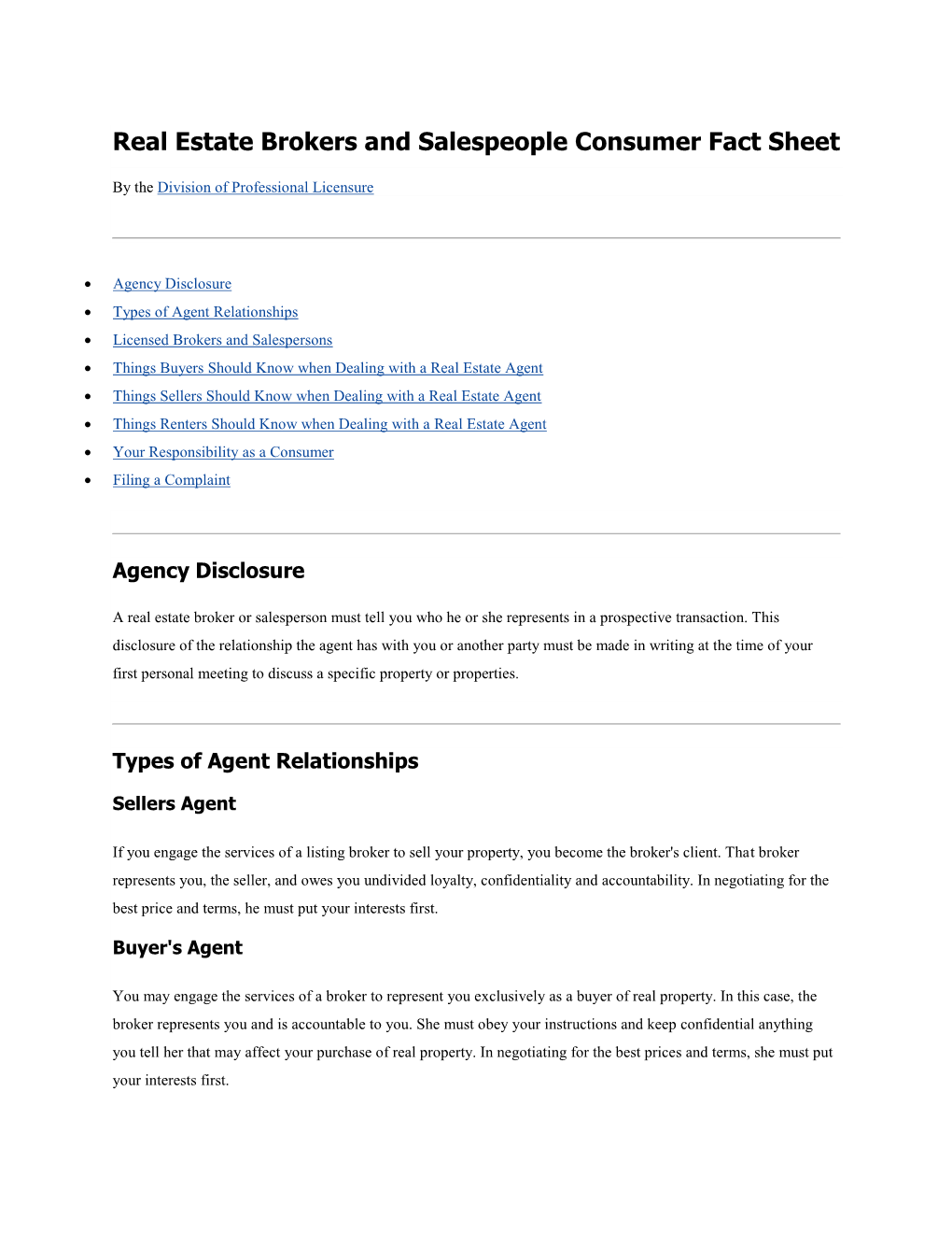 Real Estate Brokers and Salespeople Consumer Fact Sheet