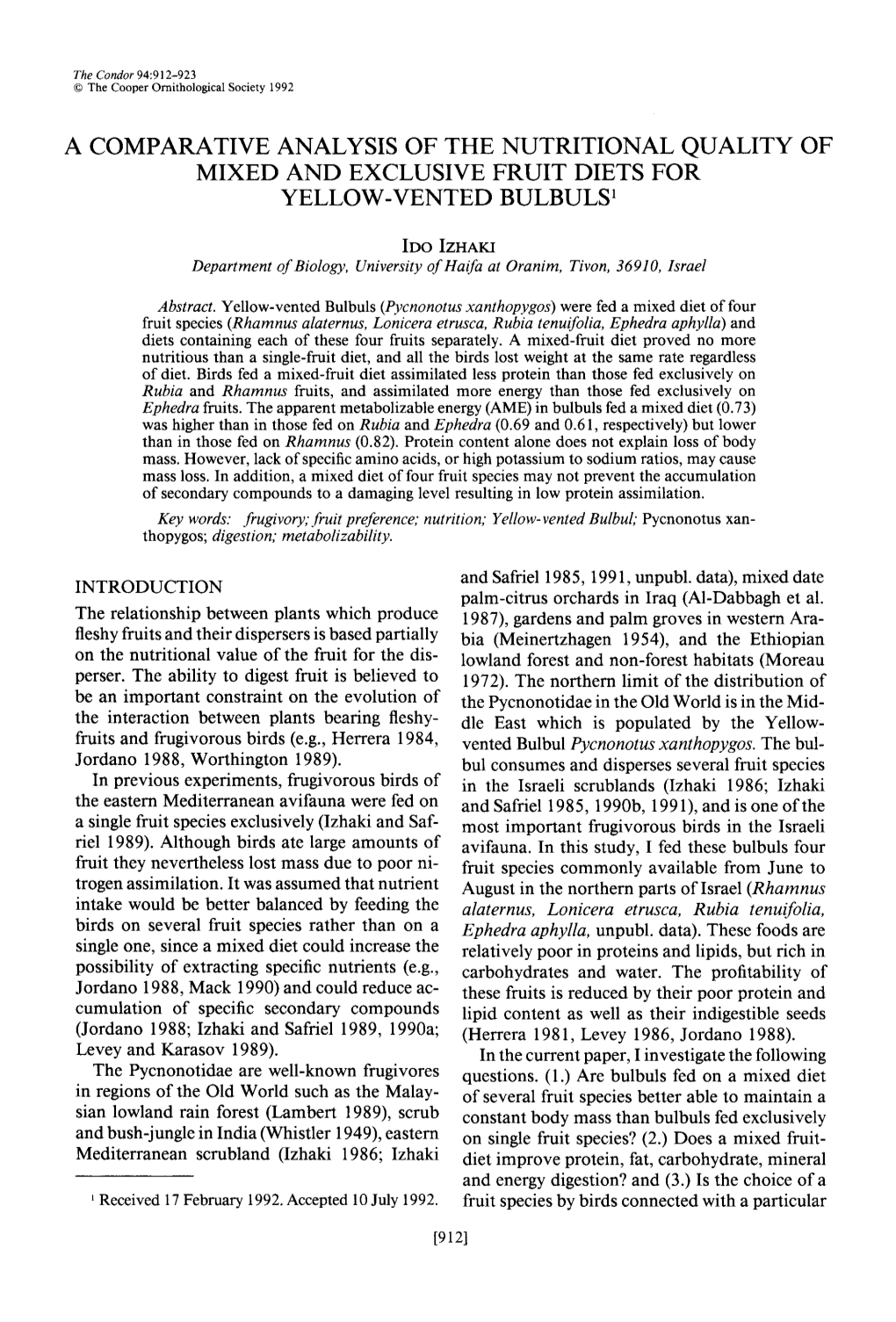 A Comparative Analysis of the Nutritional Quality of Mixed and Exclusive Fruit Diets for Yellow-Vented Bulbuls