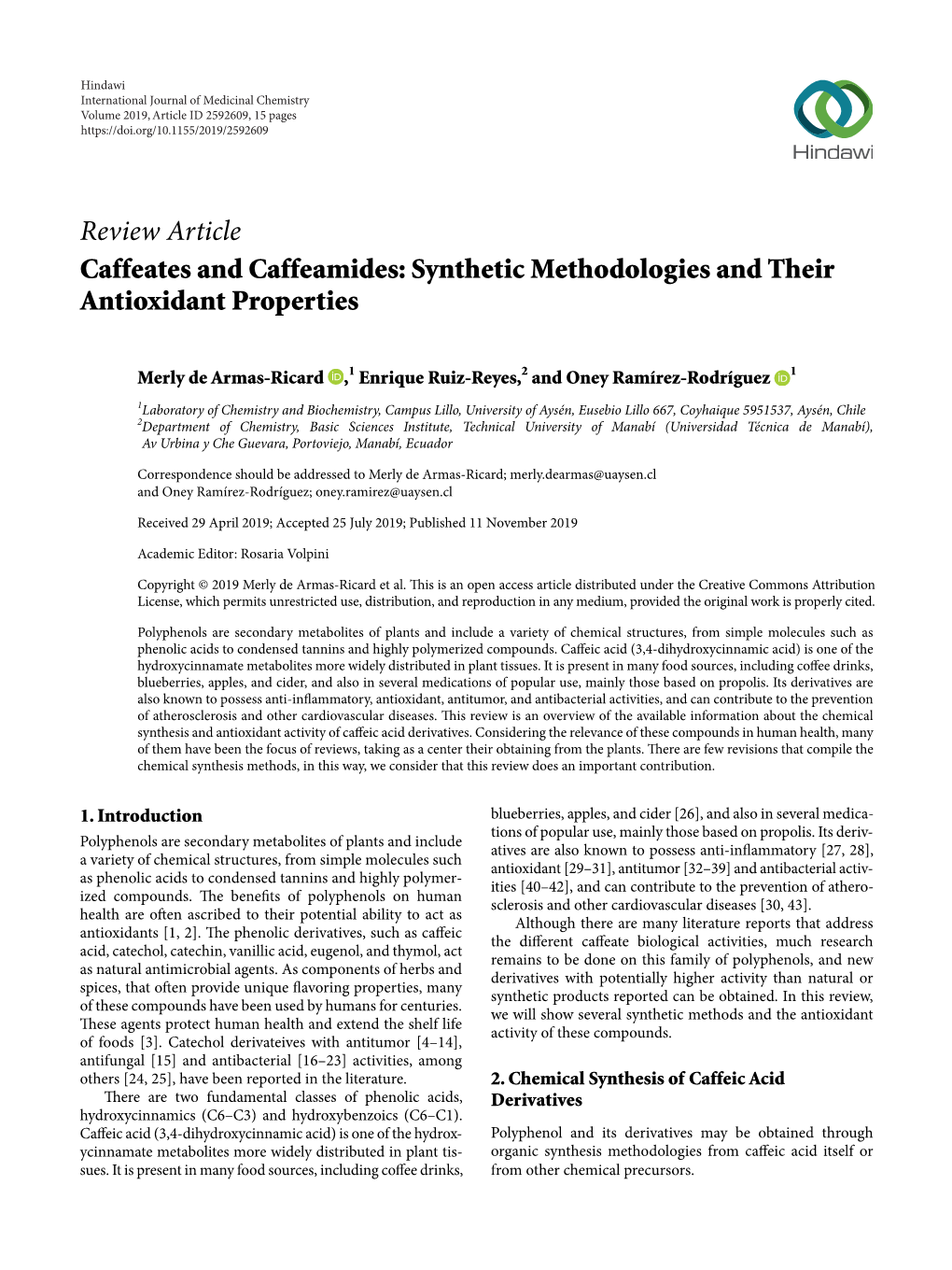 Review Article Caffeates and Caffeamides: Synthetic Methodologies and Their Antioxidant Properties