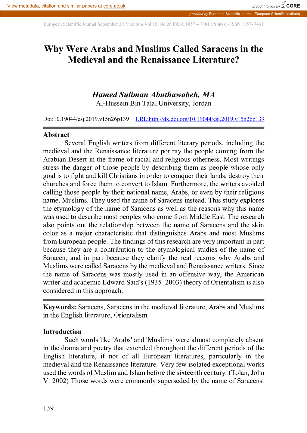 Why Were Arabs and Muslims Called Saracens in the Medieval and the Renaissance Literature?