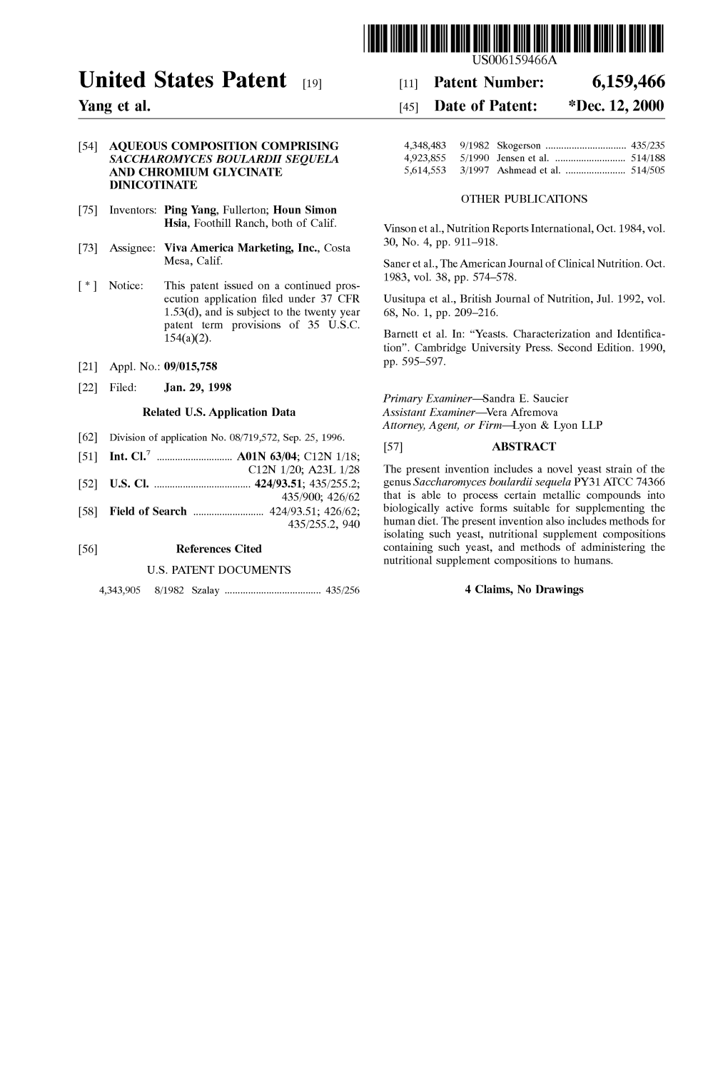 United States Patent (19) 11 Patent Number: 6,159,466 Yang Et Al