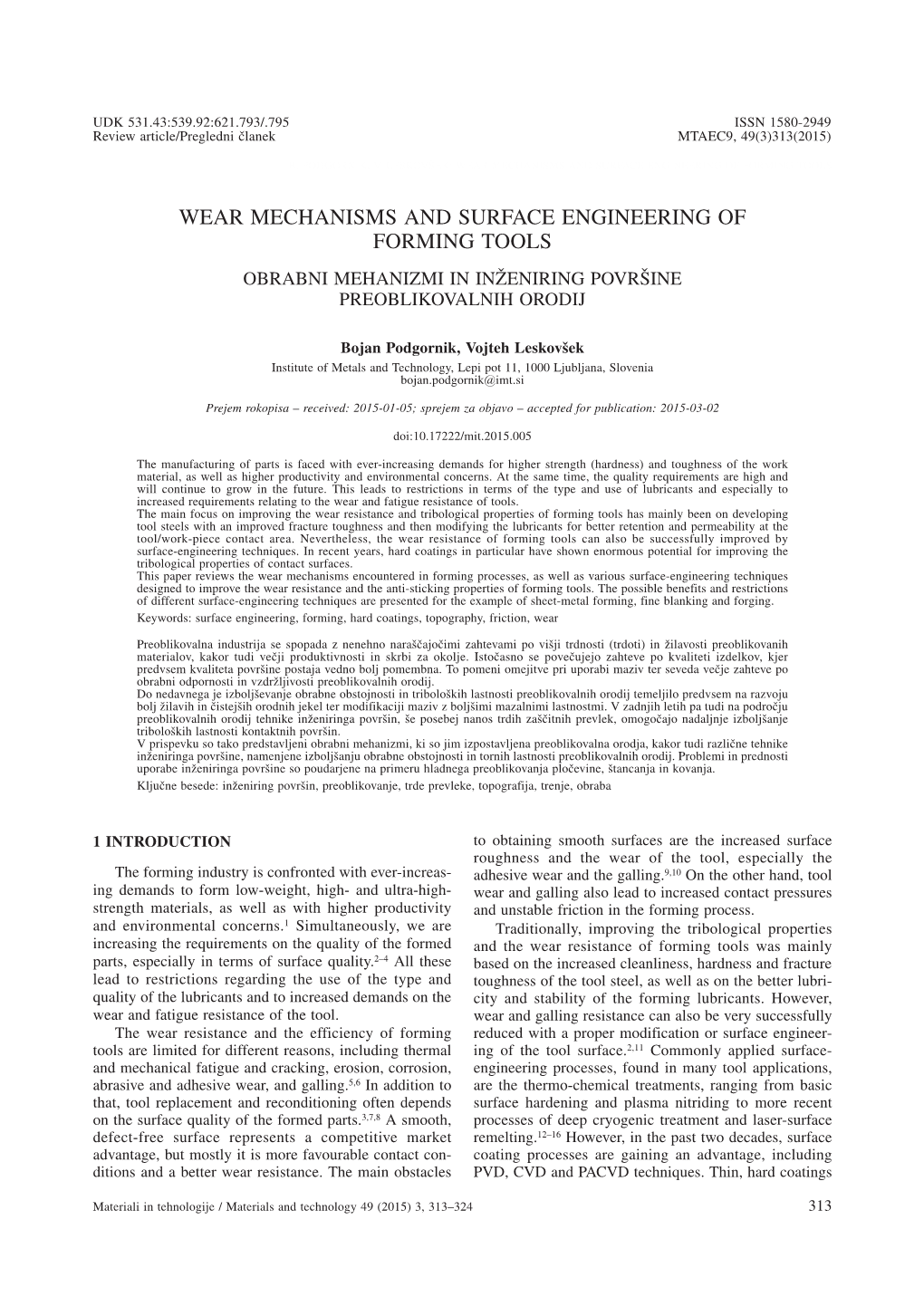 Wear Mechanisms and Surface Engineering of Forming Tools