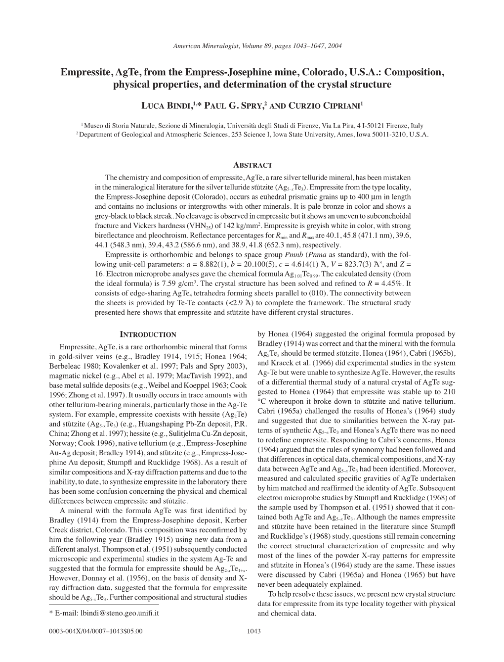 Empressite, Agte, from the Empress-Josephine Mine, Colorado, U.S.A.: Composition, Physical Properties, and Determination of the Crystal Structure