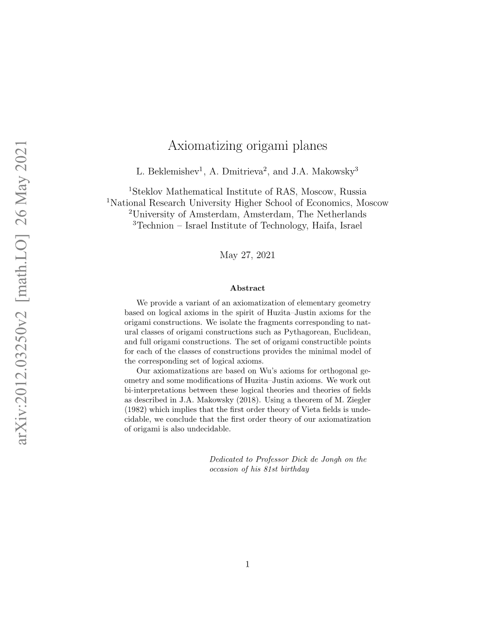 Arxiv:2012.03250V2 [Math.LO] 26 May 2021