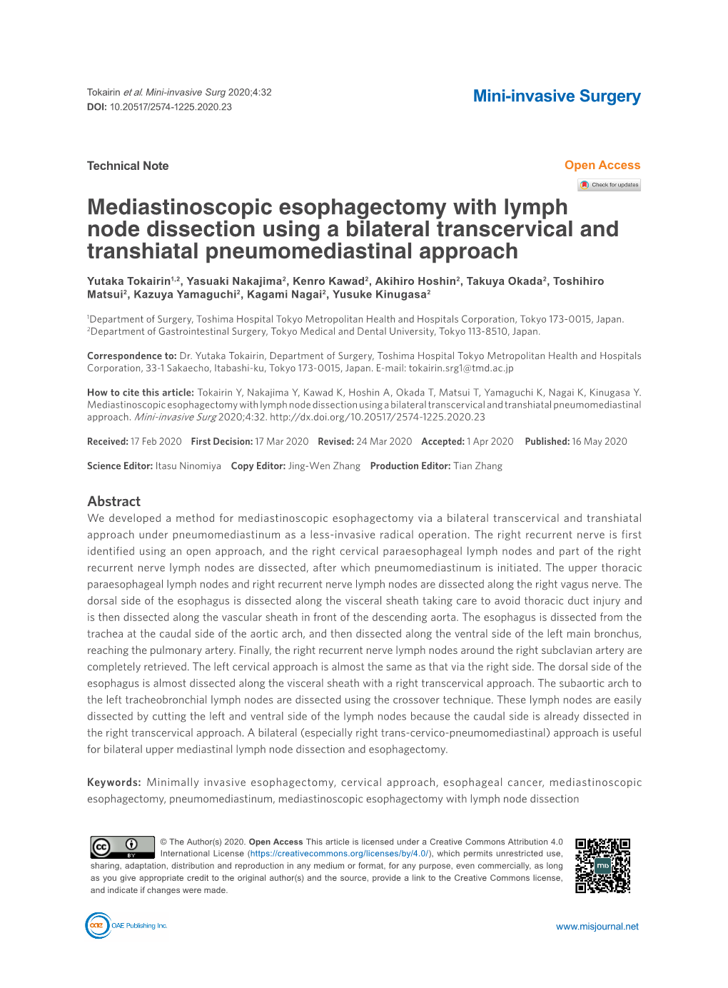 Mediastinoscopic Esophagectomy with Lymph Node Dissection Using a Bilateral Transcervical and Transhiatal Pneumomediastinal Approach