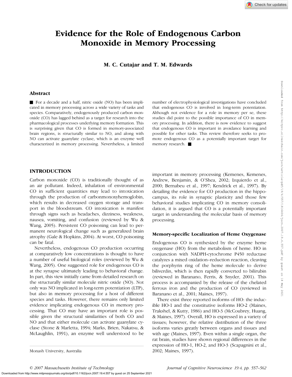 Evidence for the Role of Endogenous Carbon Monoxide in Memory Processing