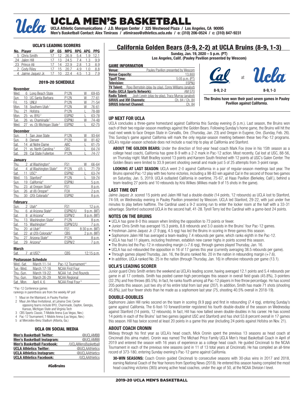 UCLA Men's Basketball UCLA’Sucla SEASON/Careerseason/Career Statistics (As of Jan 15, STATS 2020) 2019-20 ROSTER All Games