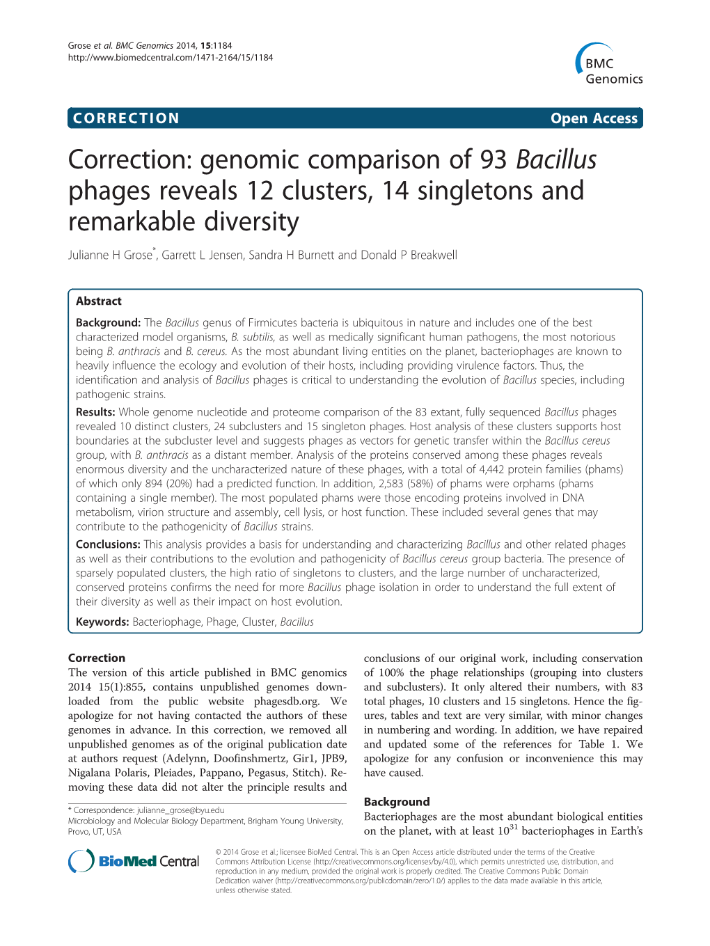 Correction: Genomic Comparison of 93 Bacillus Phages Reveals 12 Clusters