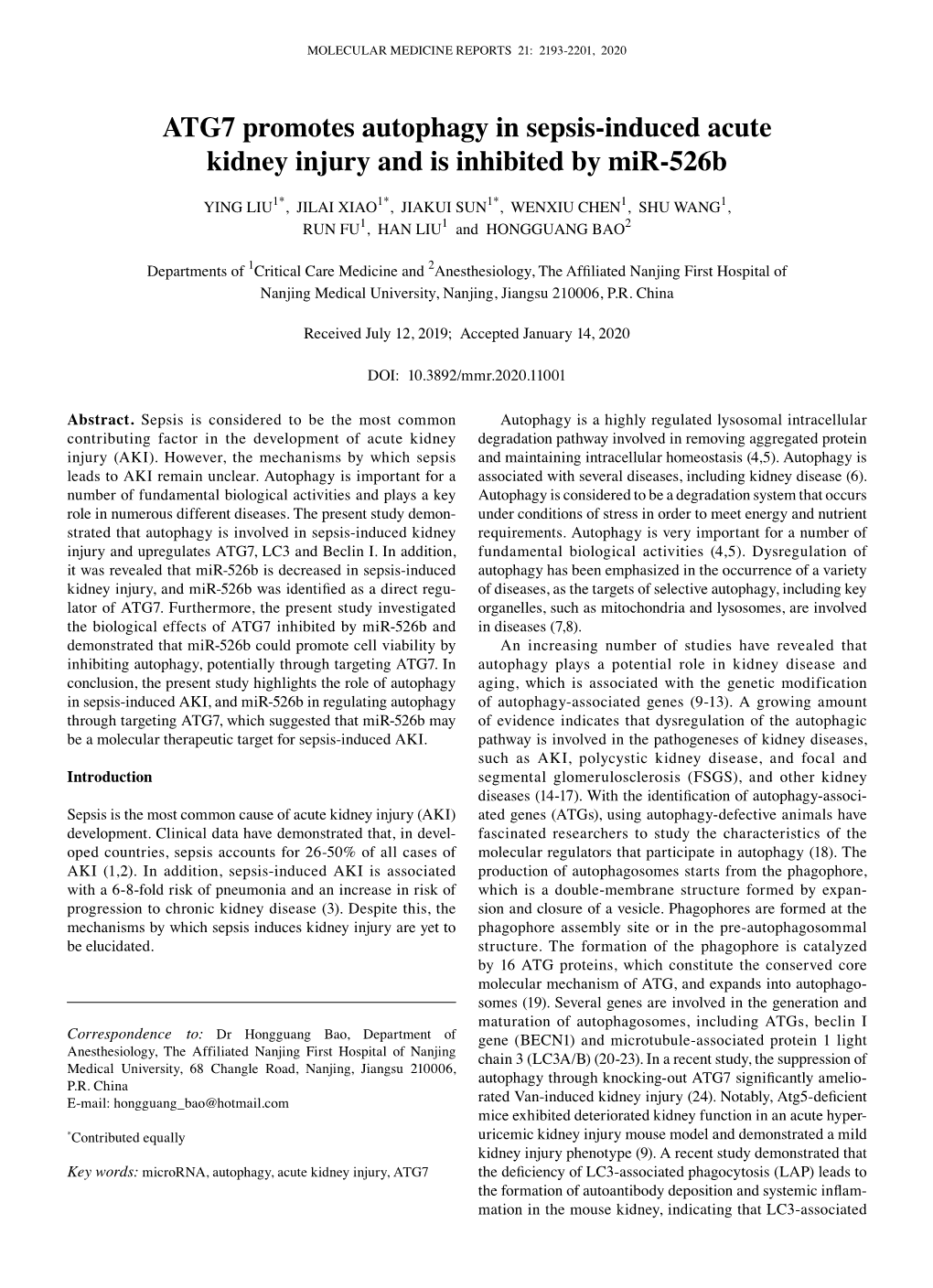 ATG7 Promotes Autophagy in Sepsis‑Induced Acute Kidney Injury and Is Inhibited by Mir‑526B