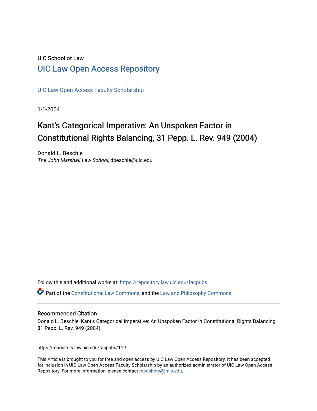 Kant's Categorical Imperative: an Unspoken Factor in Constitutional Rights Balancing, 31 Pepp