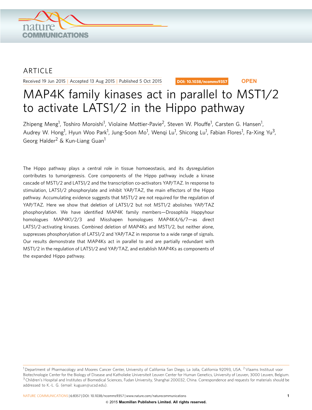MAP4K Family Kinases Act in Parallel to MST1/2 to Activate LATS1/2 in the Hippo Pathway