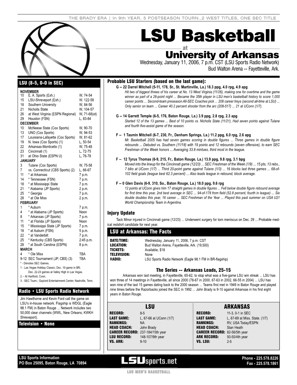 LSU Basketball at University of Arkansas Wednesday, January 11, 2006, 7 P.M