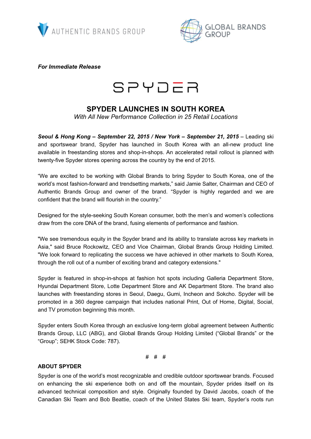 SPYDER LAUNCHES in SOUTH KOREA with All New Performance Collection in 25 Retail Locations