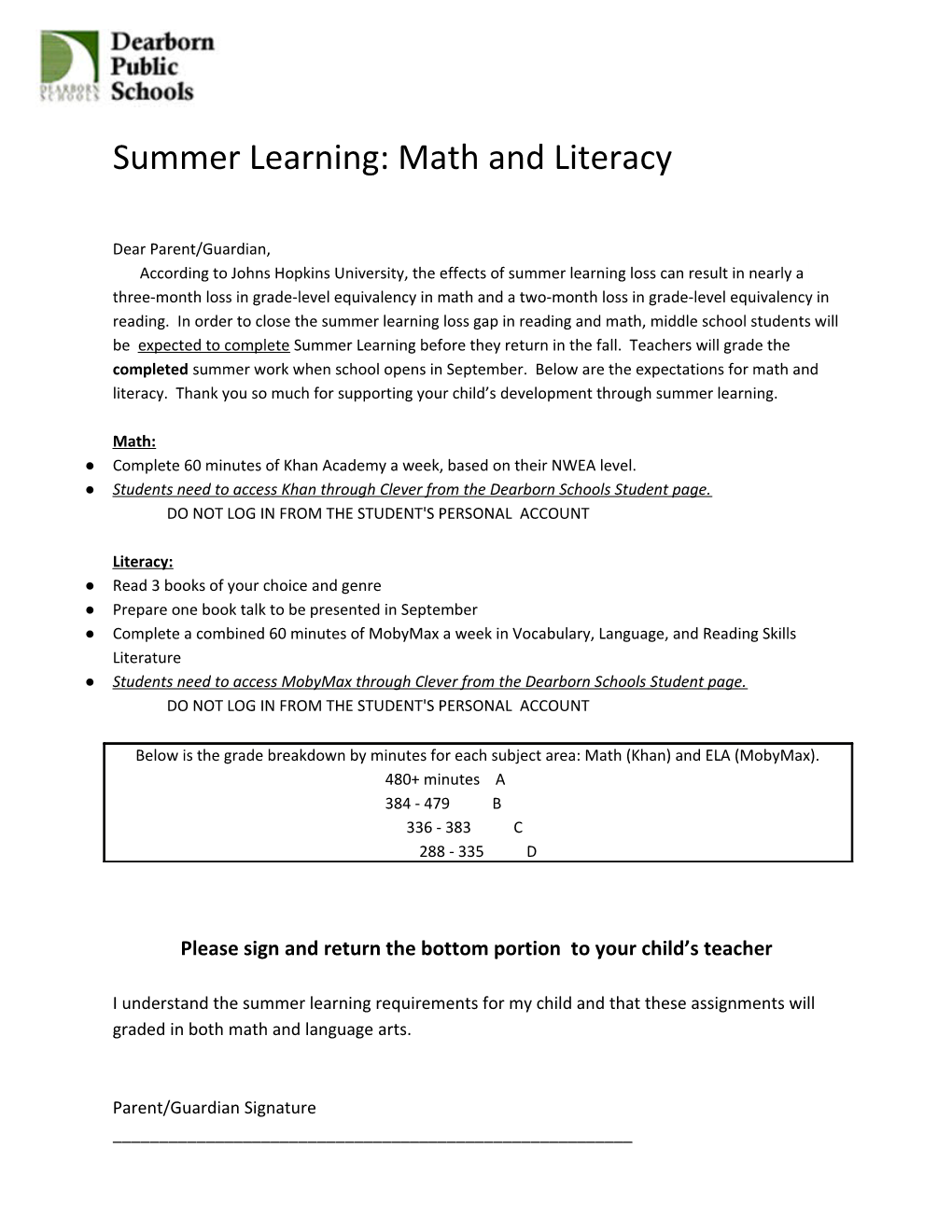 Summer Learning: Math and Literacy