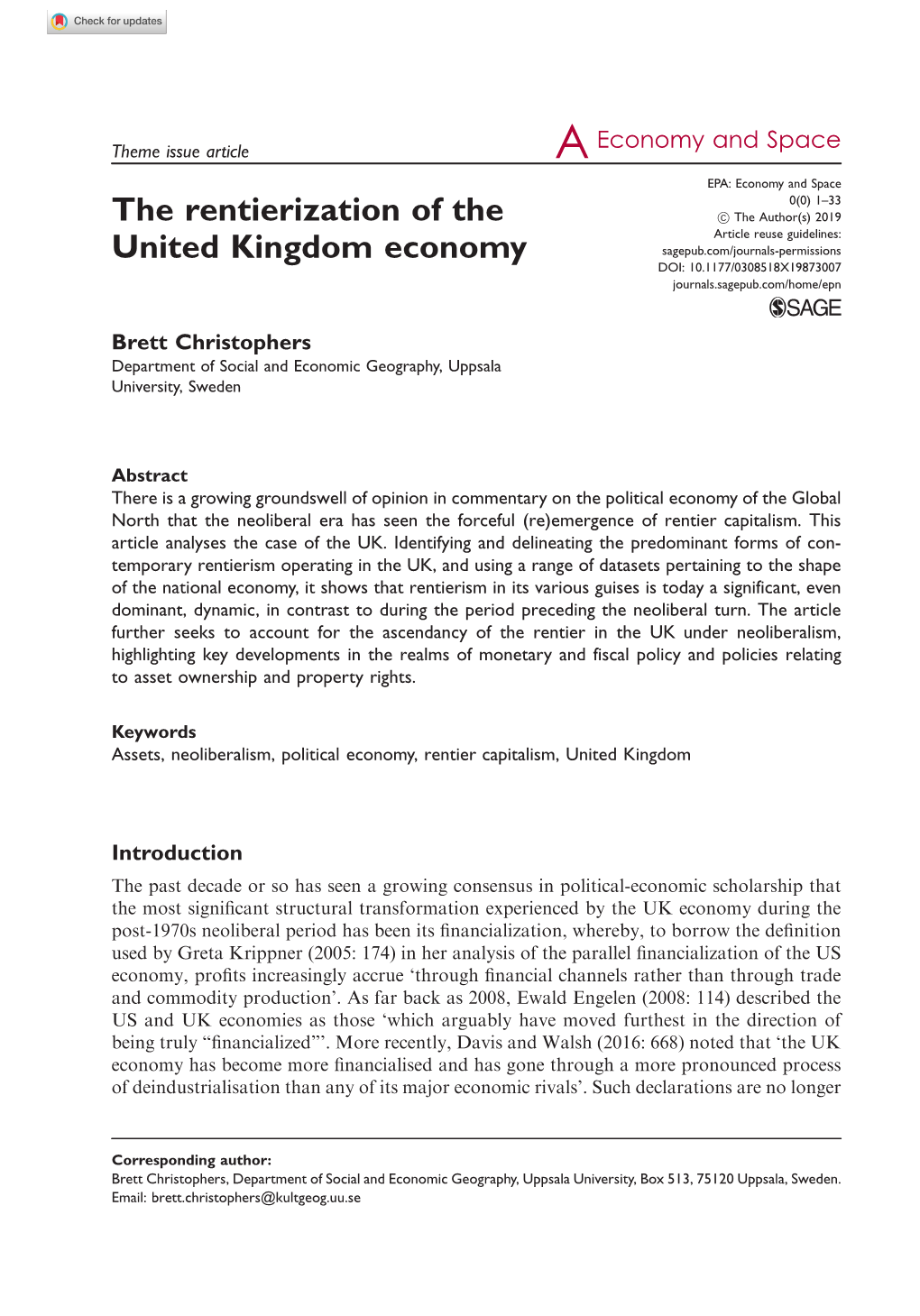 The Rentierization of the United Kingdom Economy