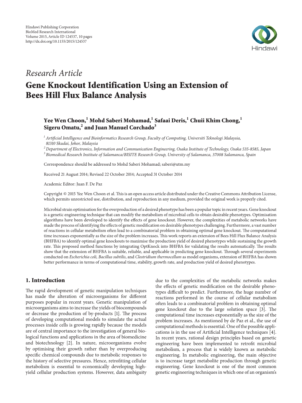 Research Article Gene Knockout Identification Using an Extension of Bees Hill Flux Balance Analysis