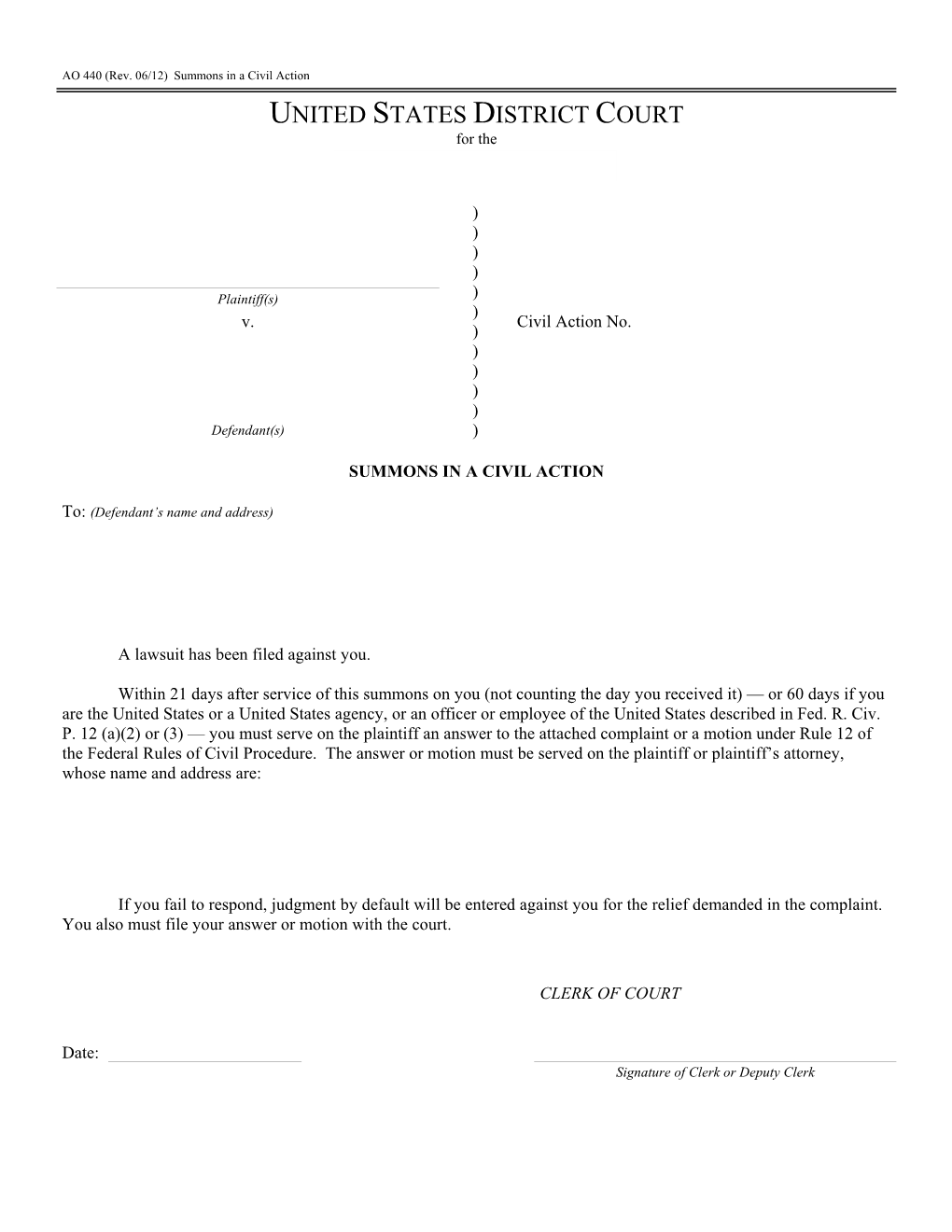 Summons in a Civil Action UNITED STATES DISTRICT COURT for the ______District of ______