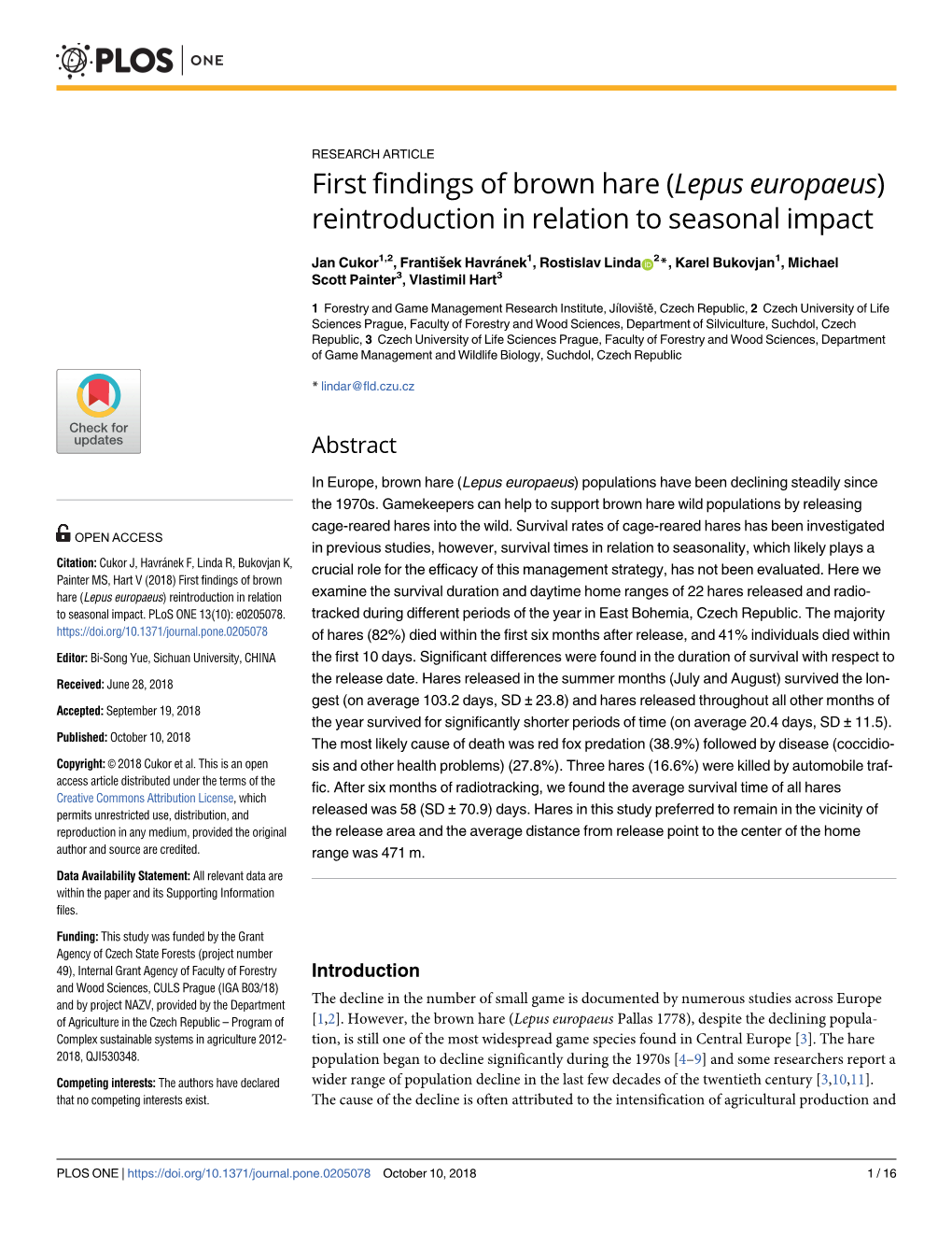 Lepus Europaeus) Reintroduction in Relation to Seasonal Impact