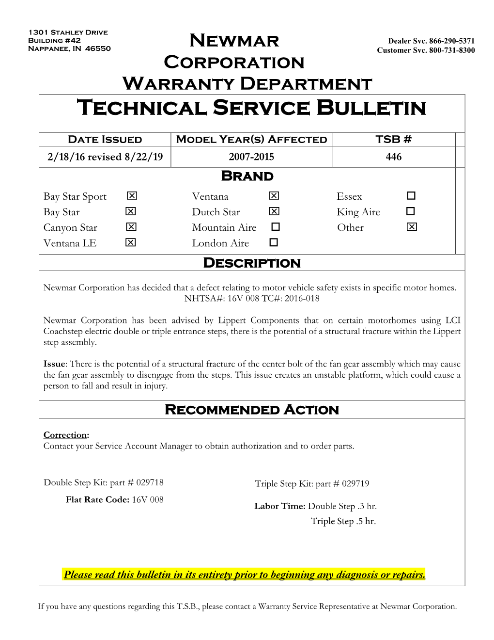 Newmar Corporation Warranty Department