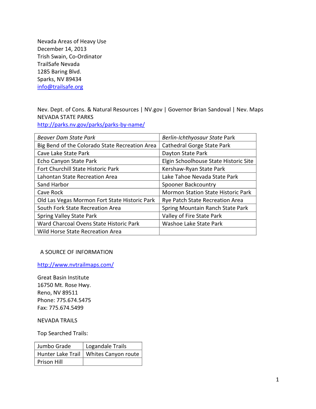 1 Nevada Areas of Heavy Use December 14, 2013 Trish Swain