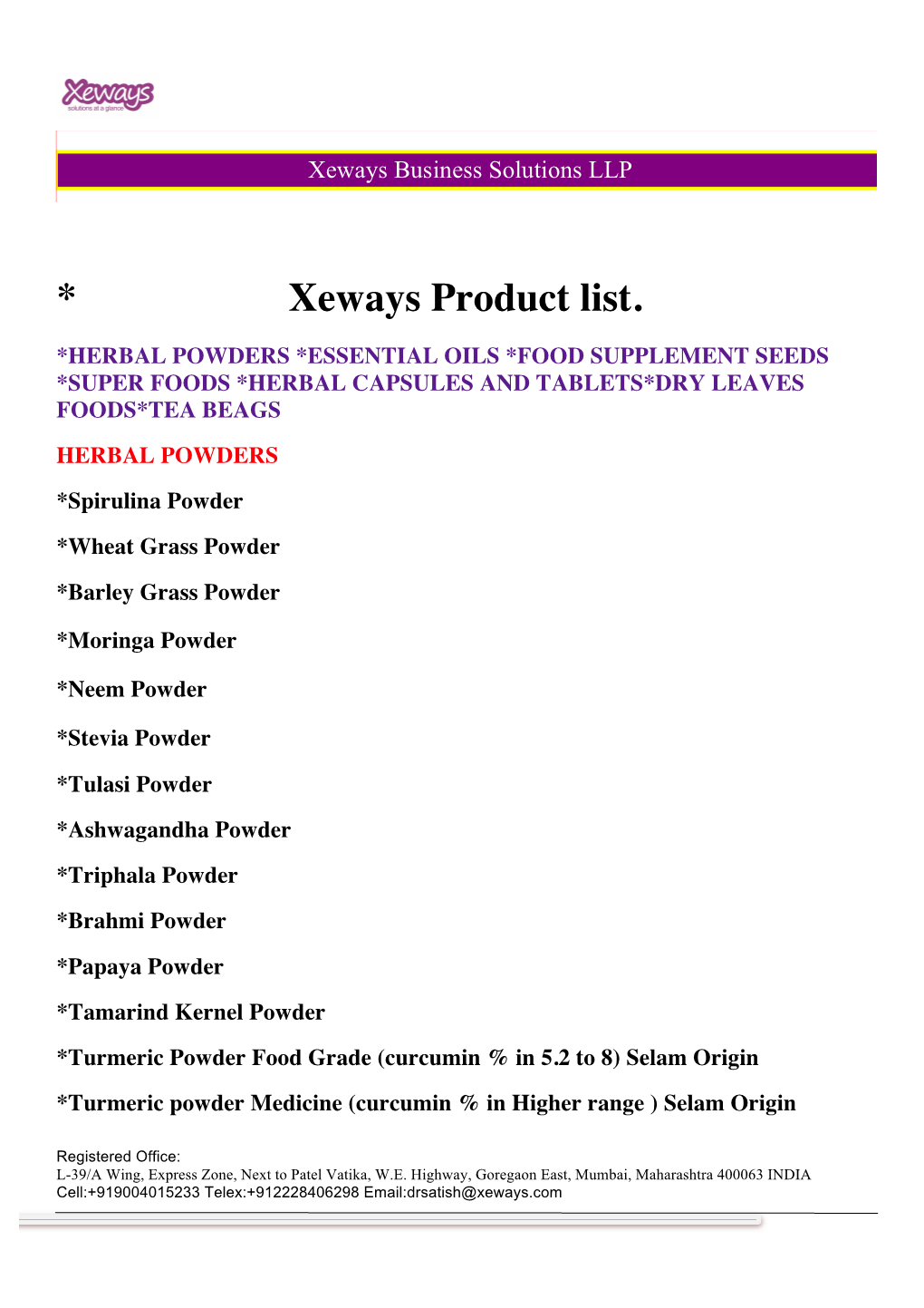 * Xeways Product List