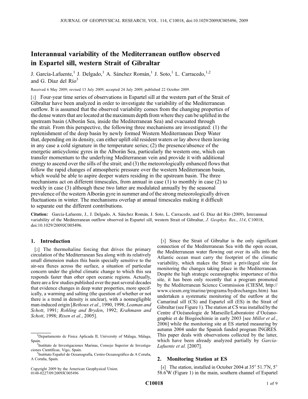 Interannual Variability of the Mediterranean Outflow Observed in Espartel Sill, Western Strait of Gibraltar J