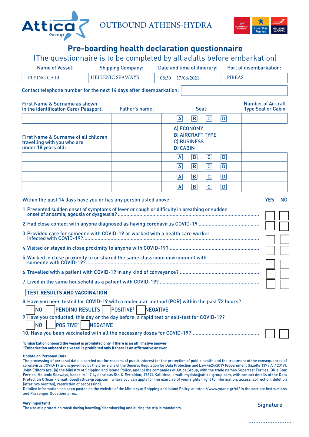 Pre-Boarding Health Declaration Questionnaire OUTBOUND