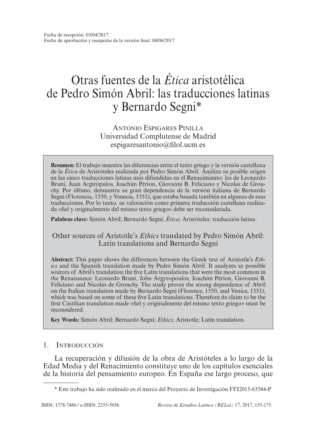 Otras Fuentes De La Ética Aristotélica De Pedro Simón Abril: Las Traducciones Latinas Y Bernardo Segni*