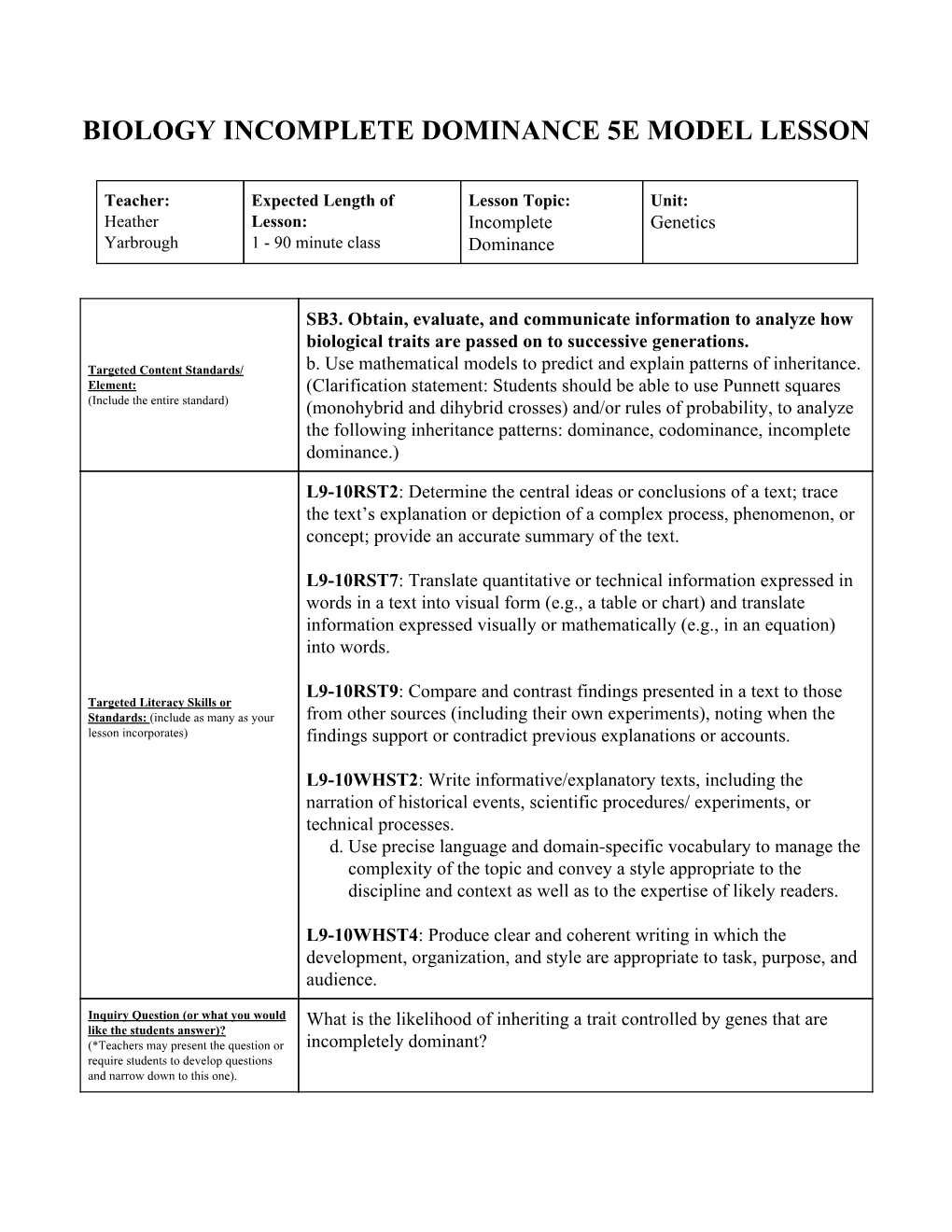 Biology Incomplete Dominance 5E Model Lesson